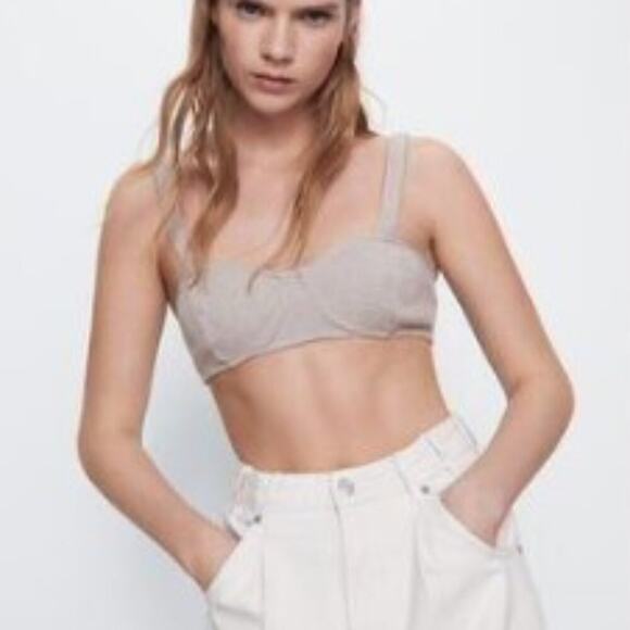 Zara Neutral Beige Tan Knit Ribbed Cropped Tank Top Crop Top Bra Top Small - Picture 4 of 4